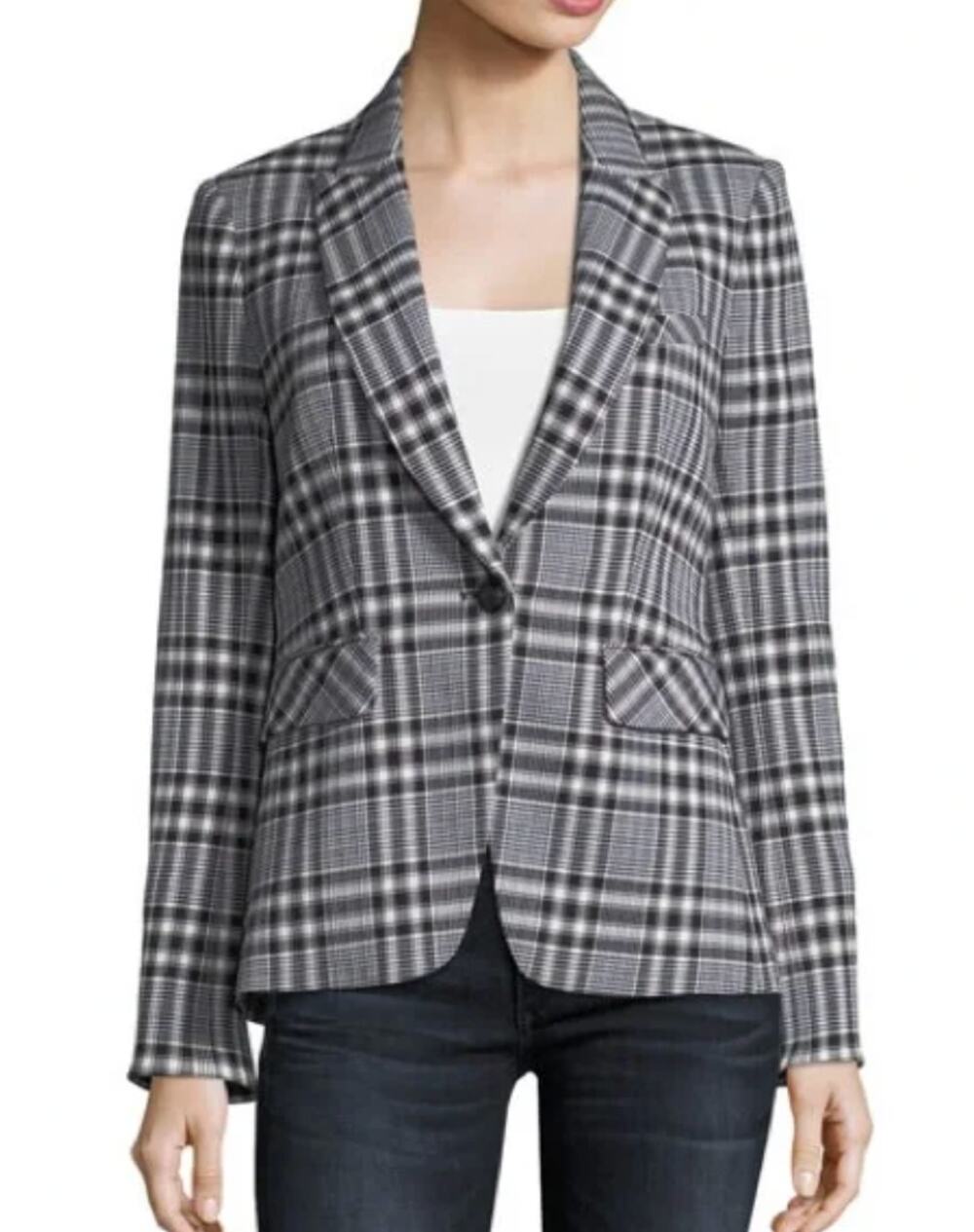 Veronica Beard Ada One Button Dickey Jacket Black, White, Blue Plaid size 10
